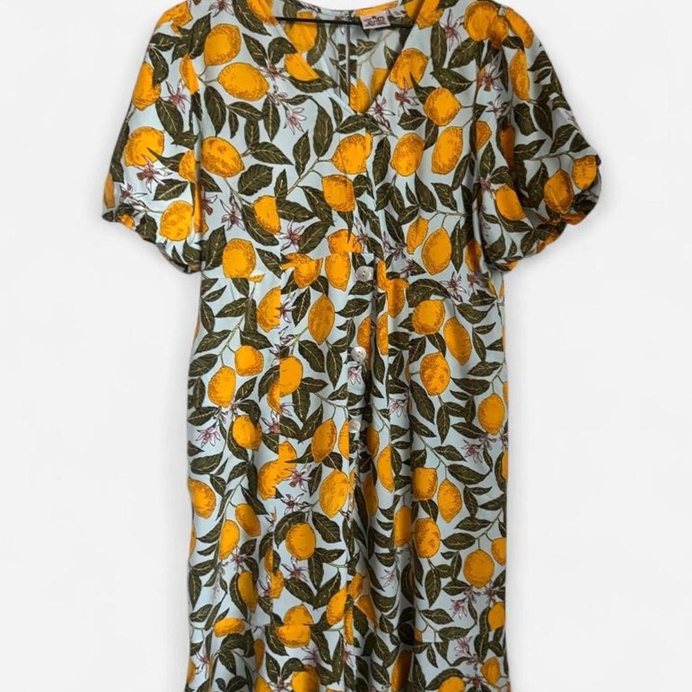 Parsley & Sage Lemon Print A-Line Sundress Light Blue Citrus Size L
